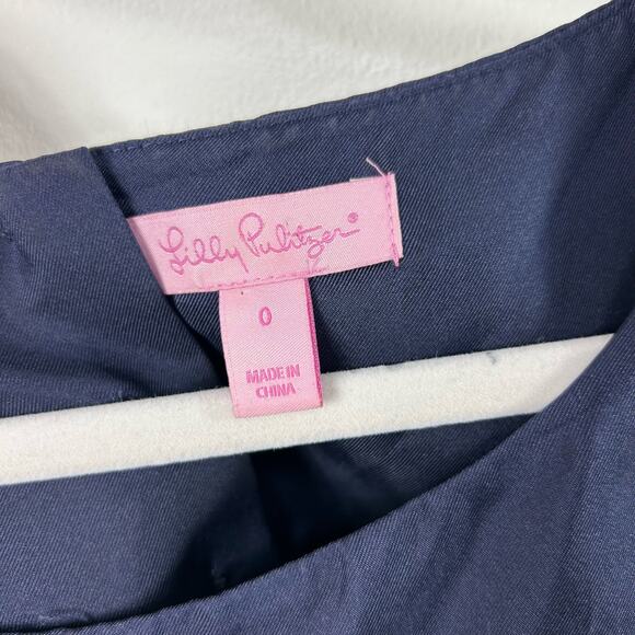 Lilly Pulitzer Navy Blue Ruffle Blouse 100% Silk Short Sleeved Size 0 - Picture 2 of 7